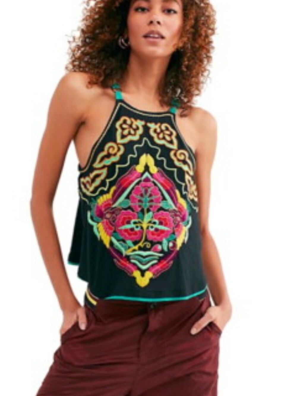 Free People Black Halter Camisole with Multicolor Embroidered Motif